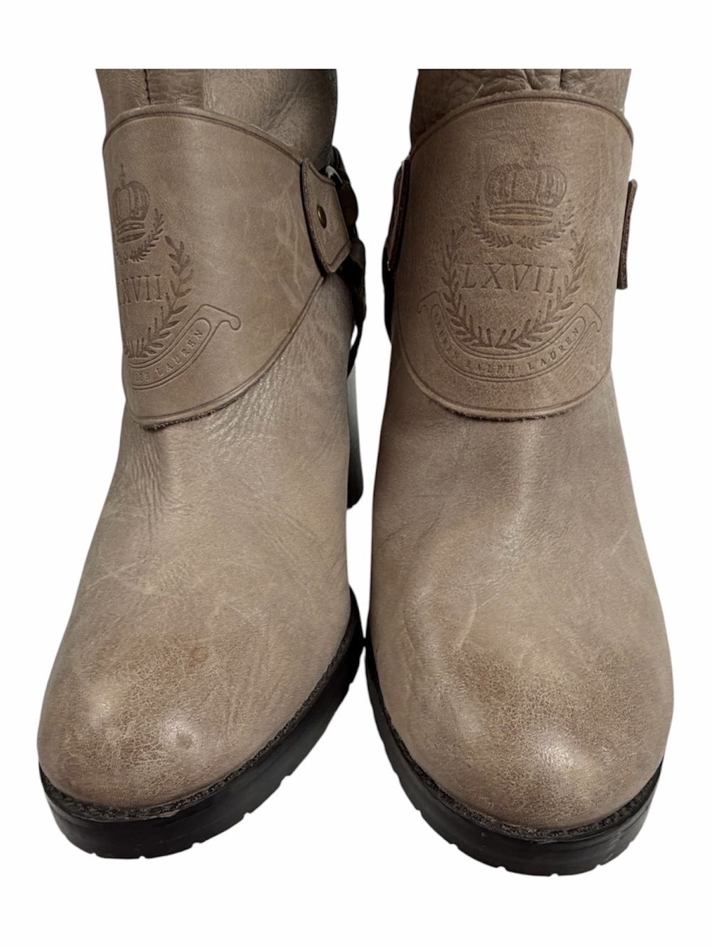 Lauren Ralph Lauren Delsa Taupe Gray Burnished Leather Riding Boots Size 8,5 - Picture 6 of 14